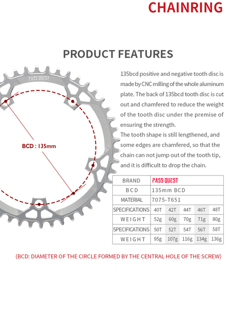 PASS QUEST 135BCD tarcza o różnych szerokościach (40T-58T) oraz kształcie (okrągły), dedykowana do rowerów górskich (MTB) oraz szosowych, kompatybilna z łańcuchem i koronką o pięciu pazurach 135BCD, dla systemu CAMPAGNOLO - Wianko - 2