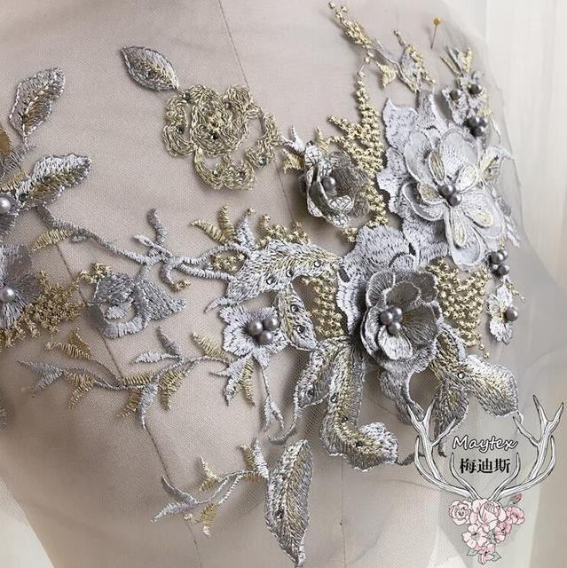Koraliki 3D ślubne aplikacja na sukienkę - Koronka 28*33 cm srebrno-szara-złota - Ręcznie robione - Wianko - 2