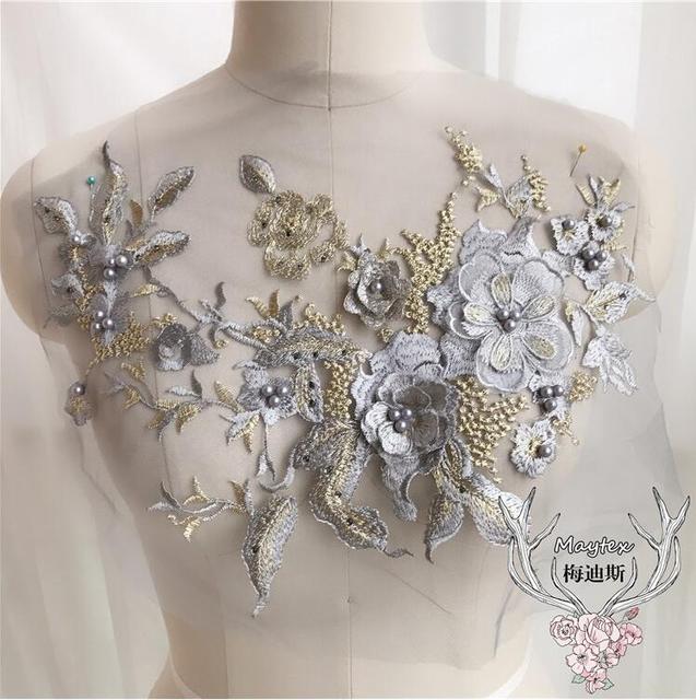 Koraliki 3D ślubne aplikacja na sukienkę - Koronka 28*33 cm srebrno-szara-złota - Ręcznie robione - Wianko - 1