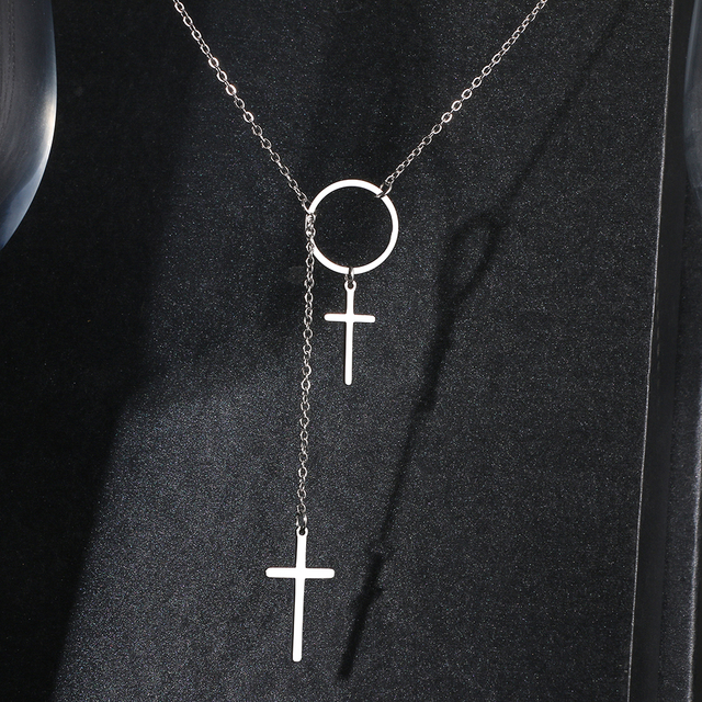 Naszyjnik ze stali nierdzewnej z prostym krzyżem na długim łańcuszku - Choker Gothic dla kobiet - Wianko - 8