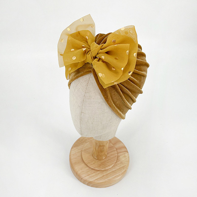 Ciepła jesienno-zimowa czapka dla niemowląt z turbanem, wykonana z miękkiego złotego aksamitu, dla dziewczynek i chłopców z dużym jednokolorowym kropkowanym kokardem - Wianko - 5