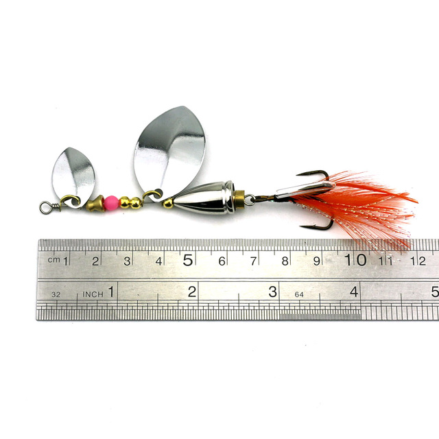 Metalowa przynęta Spinner Fishing Lure – 9.3cm cekiny, 16.3g, podwójne, z piórkowym hakiem, idealna na okonie - Wianko - 2