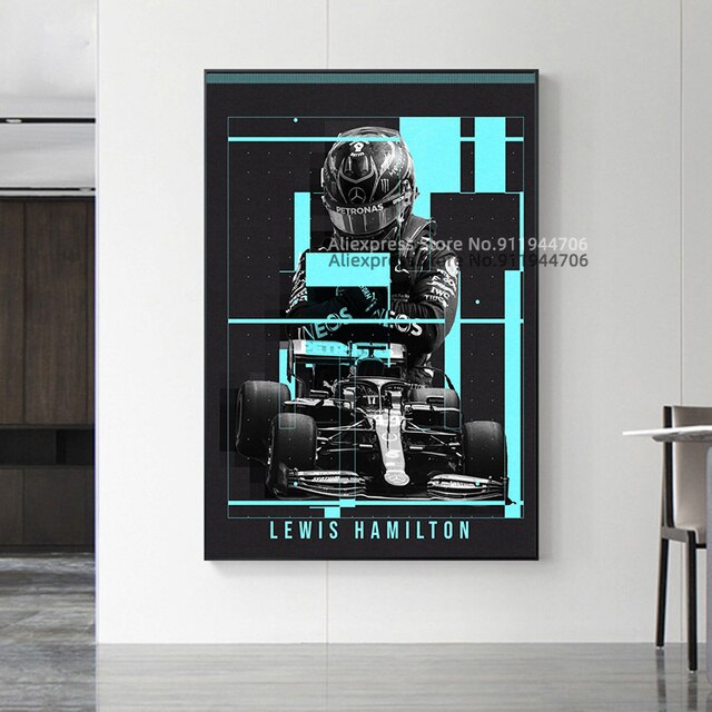 Plakat dekoracyjny na płótnie - Klasyczne wyścigi F1 samochód wyścigowy - Lewis Hamilton - figury Racer - Bar Home Decor - Wianko - 1