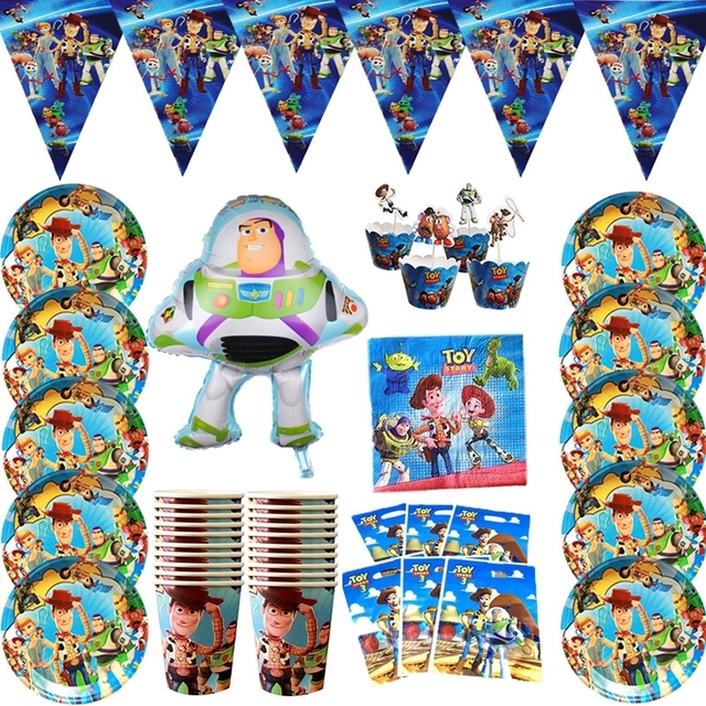 Zestaw jednorazowych naczyń na imprezę Toy Story z motywem życzeń urodzinowych: kubki, talerze, słomki, zastawa stołowa, papierowe Hudi Buzz Lightyear Foill Balloon - Wianko - 1