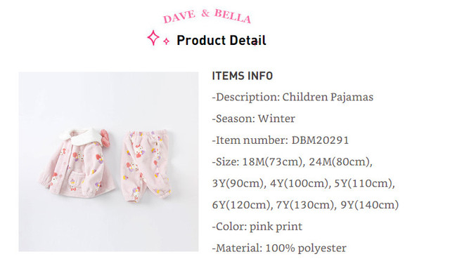 Piżama dave bella dla dziewczynek zimowa moda cartoon z kieszeniami - zestaw 2 sztuki - Wianko - 2