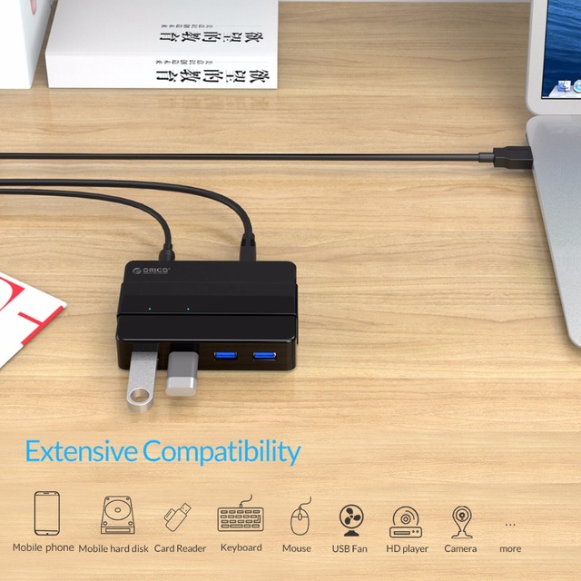 Przenośny hub USB ORICO 4 porty USB 3.0 - prędkość transferu do 5 Gb/s, zasilacz 12V, kompatybilny z laptopem i PC - Wianko - 1