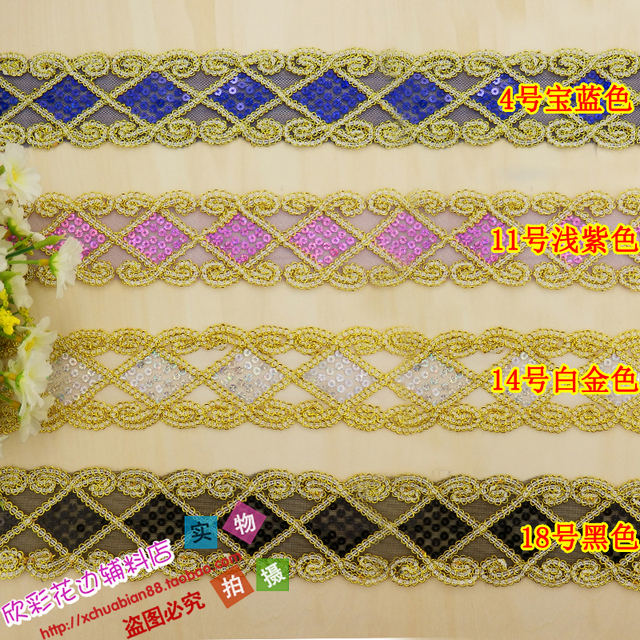 Cekinowa koronka z haftowanymi złotymi aplikacjami i wstążką - kwadratowy pas z koronkowym wzorem kwiatowym 2'' - Wianko - 2