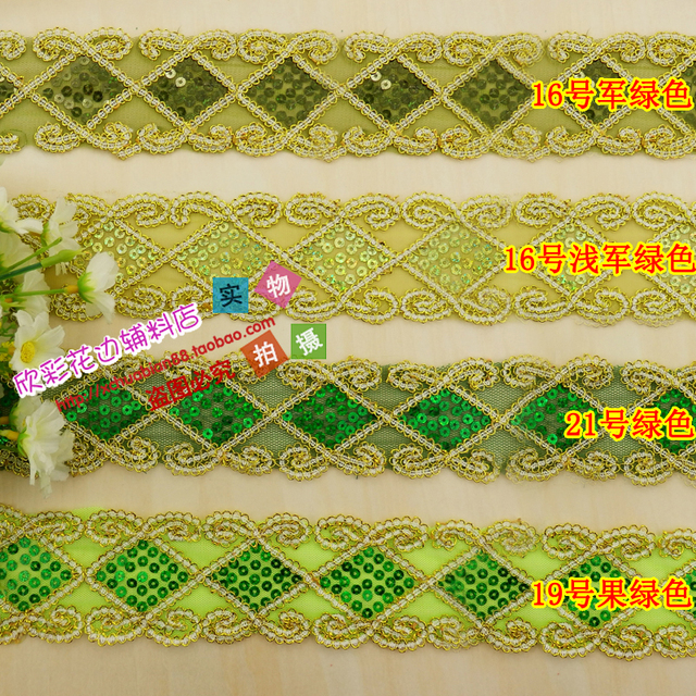 Cekinowa koronka z haftowanymi złotymi aplikacjami i wstążką - kwadratowy pas z koronkowym wzorem kwiatowym 2'' - Wianko - 6