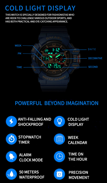 Męskie zegarki sportowe SMAEL z podwójnym wyświetlaczem LED, kwarcowe, wodoodporne, na rękę - Relogio Masculino - Wianko - 3