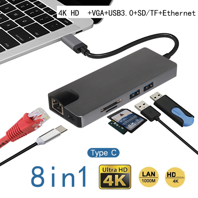 Czytnik kart Ethernet USB 3.0 1000 Mb/s z HUB-em, konwerterem wideo HDMI, RJ45, VGA dla Macbook - Wianko - 1