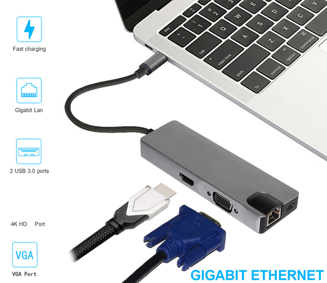 Czytnik kart Ethernet USB 3.0 1000 Mb/s z HUB-em, konwerterem wideo HDMI, RJ45, VGA dla Macbook - Wianko - 2