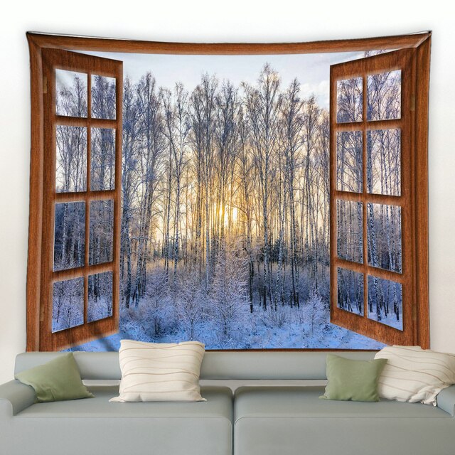 Gobelin ścienny Okno na zewnątrz zimowy krajobraz - płatek śniegu, leśny widok - dekoracja sztuki do domu, sypialni i salonu - Wianko - 8