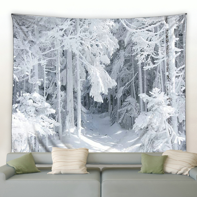 Gobelin ścienny Okno na zewnątrz zimowy krajobraz - płatek śniegu, leśny widok - dekoracja sztuki do domu, sypialni i salonu - Wianko - 5