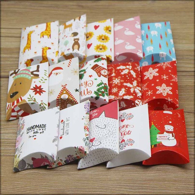 Pudełka na prezenty Boże Narodzenie w kształcie poduszki, 10 sztuk, papier kraft, dla dzieci, Wesołych Świąt, Szczęśliwego Nowego Roku 2021 - Wianko - 1