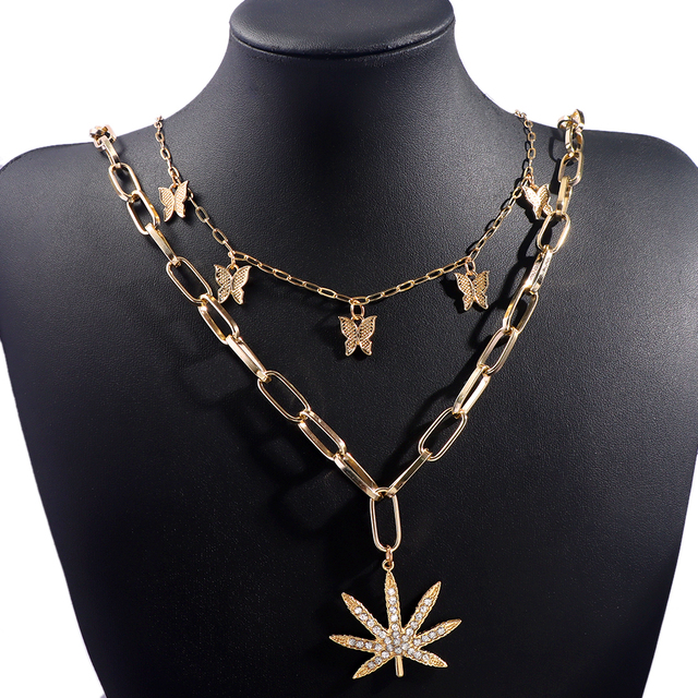 Masywny złoty, gruby łańcuszek naszyjnik z klonowym wisiorkiem wykonanym z metalu i zdobiony kryształowym motylem - biżuteria dla kobiet - Wianko - 8