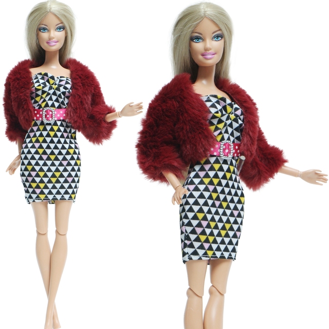 Zestaw ubrań dla lalek Barbie - czerwone futro i sukienka bez ramiączek, idealne na obiad, imprezę i bal - Wianko - 2