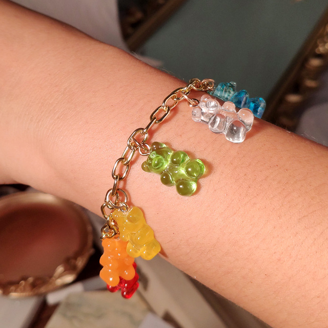 Łańcuszkowa bransoletka z przezroczystymi żywicznymi niedźwiadkami w stylu kreskówki - Biżuteria Y2K Rainbow Gummy Bear dla kobiet i dziewczyn - Wianko - 2