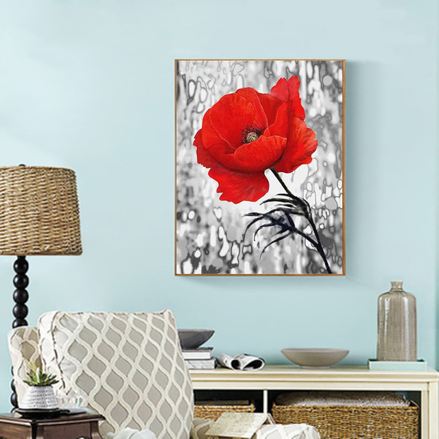 Zestaw do malowania diamentami Kwiat maku - motyw haftu krzyżykowego, czerwony kwiat, mozaika dekoracyjna dla domu - Wianko - 3