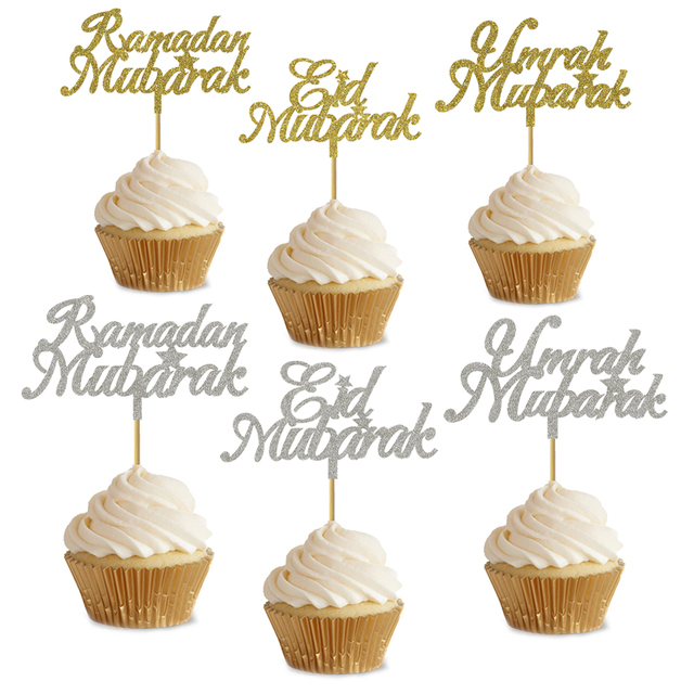 20 brokatowych złotych i srebrnych topperów na cupcakes z napisem Eid Mubarak, Ramadan Mubarak i Umrah Mubarak - Wianko - 3