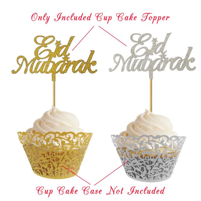 20 brokatowych złotych i srebrnych topperów na cupcakes z napisem Eid Mubarak, Ramadan Mubarak i Umrah Mubarak - Wianko - 4