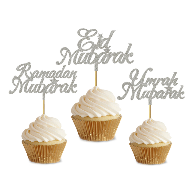 20 brokatowych złotych i srebrnych topperów na cupcakes z napisem Eid Mubarak, Ramadan Mubarak i Umrah Mubarak - Wianko - 2