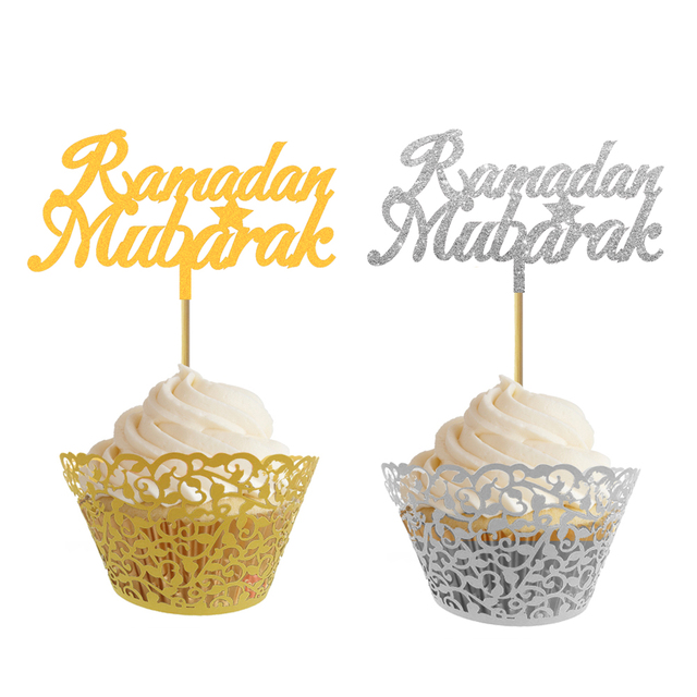 20 brokatowych złotych i srebrnych topperów na cupcakes z napisem Eid Mubarak, Ramadan Mubarak i Umrah Mubarak - Wianko - 5