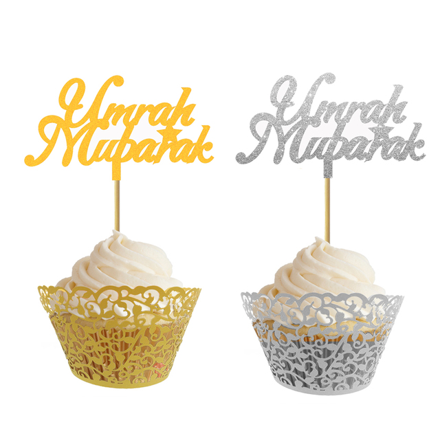 20 brokatowych złotych i srebrnych topperów na cupcakes z napisem Eid Mubarak, Ramadan Mubarak i Umrah Mubarak - Wianko - 6