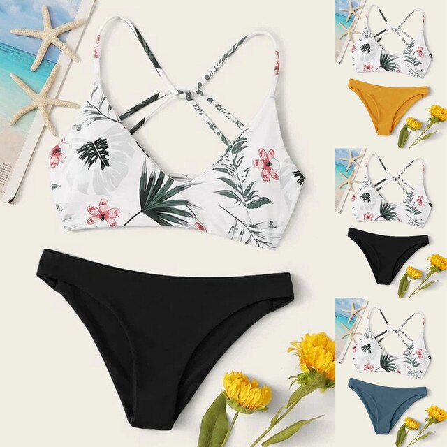 Stroje kąpielowe Floral kobiety - zestaw bikin Mujer, wysoka talia, push-up, wyściełany, lato 2021 - Wianko - 1