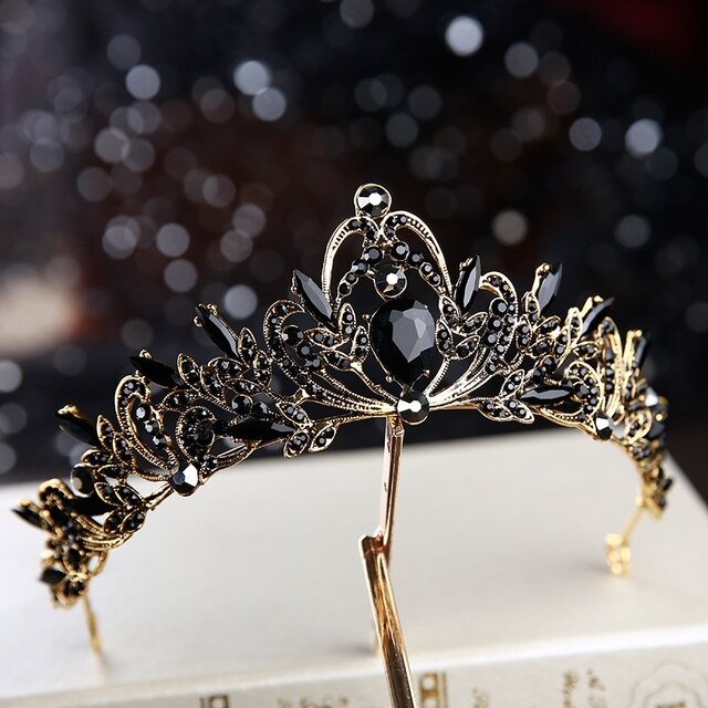 Diadem czarny z kryształowymi koronami dla nowożeńców - biżuteria do włosów - Wianko - 4