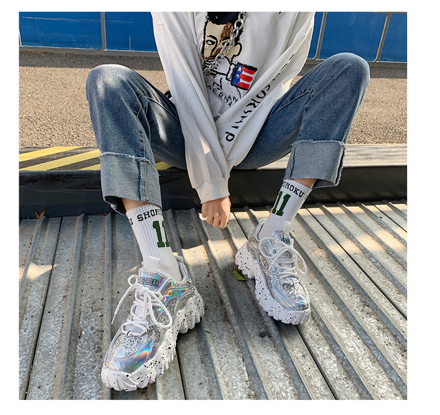 Popularne kobiety Glitter Chunky Sneaker 2020 - Buty do biegania z wzorem Graffiti, platformowe, blaskujące cekinami i grube podeszwy - Wianko - 5