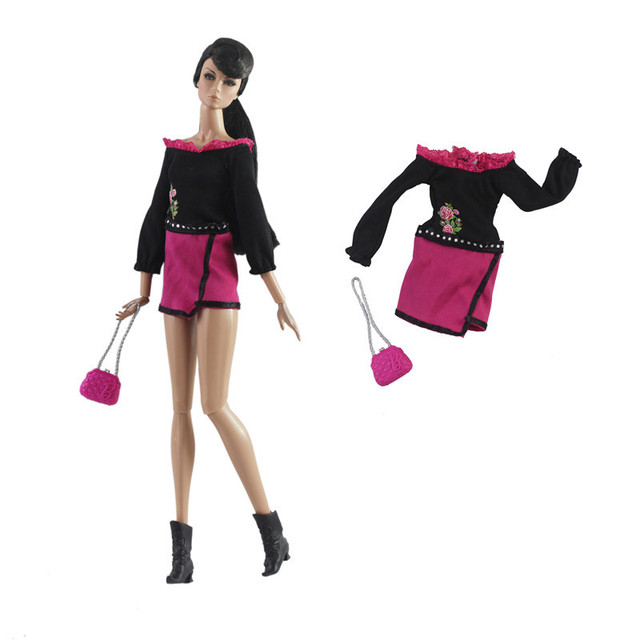 1/6 lalka BJD - czarne i różowe sukienki z długim rękawem oraz torebka - akcesoria do ubioru Barbie dla dzieci - Wianko - 1