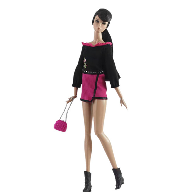 1/6 lalka BJD - czarne i różowe sukienki z długim rękawem oraz torebka - akcesoria do ubioru Barbie dla dzieci - Wianko - 2