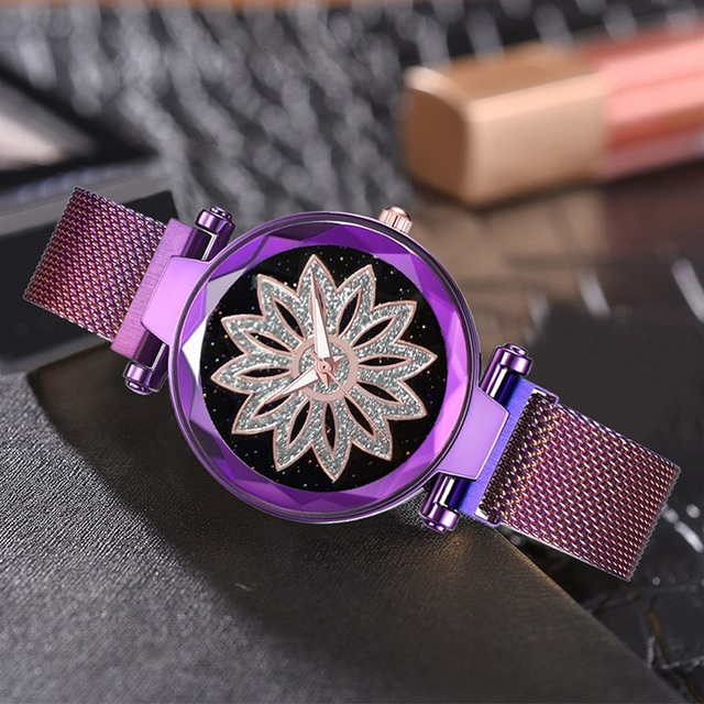 Zegarek damski magnetyczny Starry Sky - romantyczna osobowość, kryształowy kwiat z siatkowym stalowym paskiem - Wianko - 9