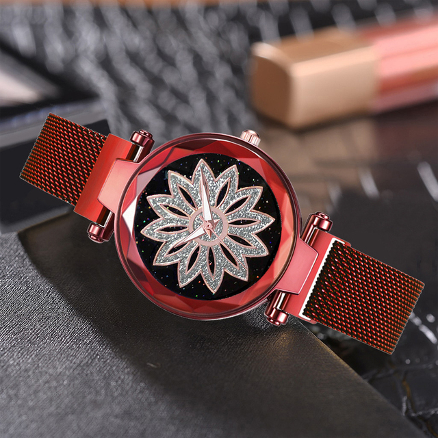 Zegarek damski magnetyczny Starry Sky - romantyczna osobowość, kryształowy kwiat z siatkowym stalowym paskiem - Wianko - 12