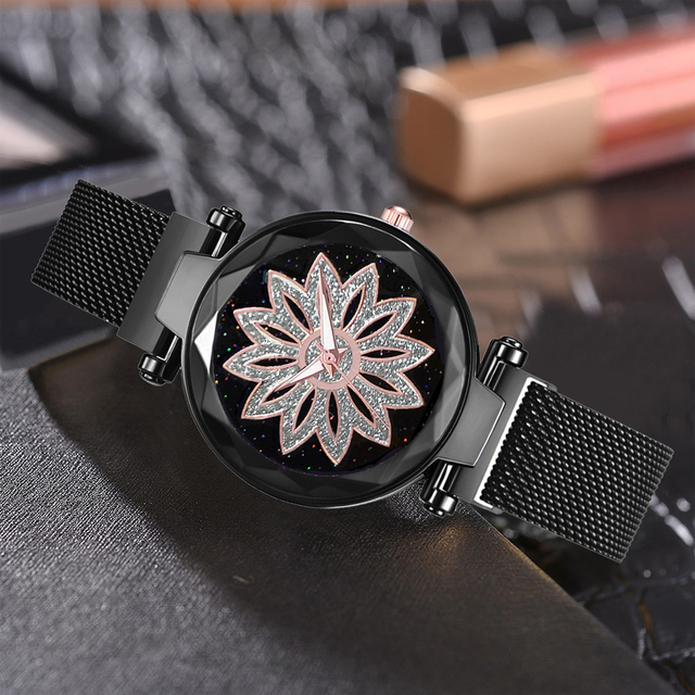 Zegarek damski magnetyczny Starry Sky - romantyczna osobowość, kryształowy kwiat z siatkowym stalowym paskiem - Wianko - 11