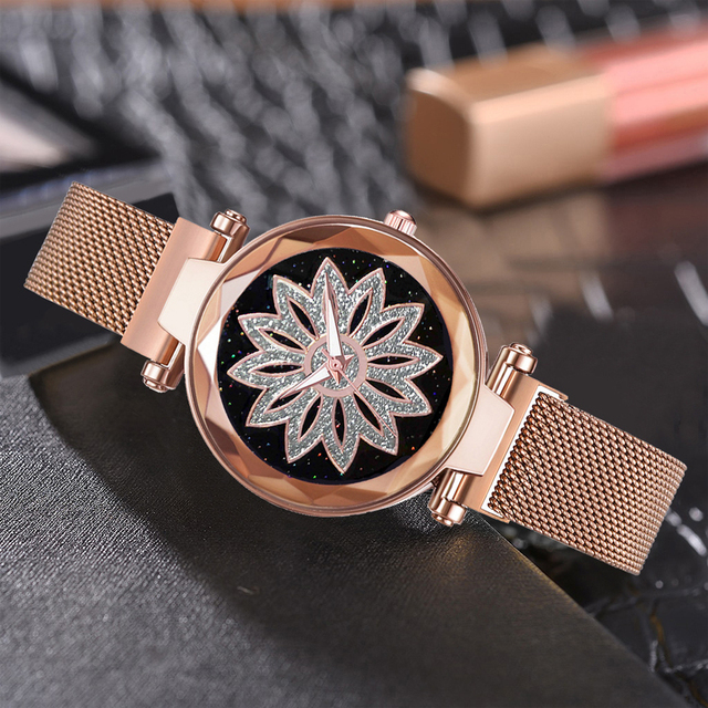 Zegarek damski magnetyczny Starry Sky - romantyczna osobowość, kryształowy kwiat z siatkowym stalowym paskiem - Wianko - 14
