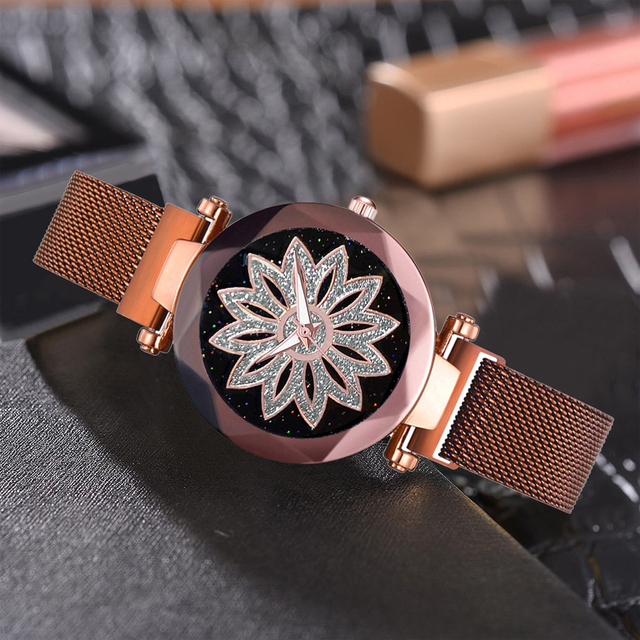 Zegarek damski magnetyczny Starry Sky - romantyczna osobowość, kryształowy kwiat z siatkowym stalowym paskiem - Wianko - 13