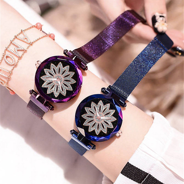 Zegarek damski magnetyczny Starry Sky - romantyczna osobowość, kryształowy kwiat z siatkowym stalowym paskiem - Wianko - 3