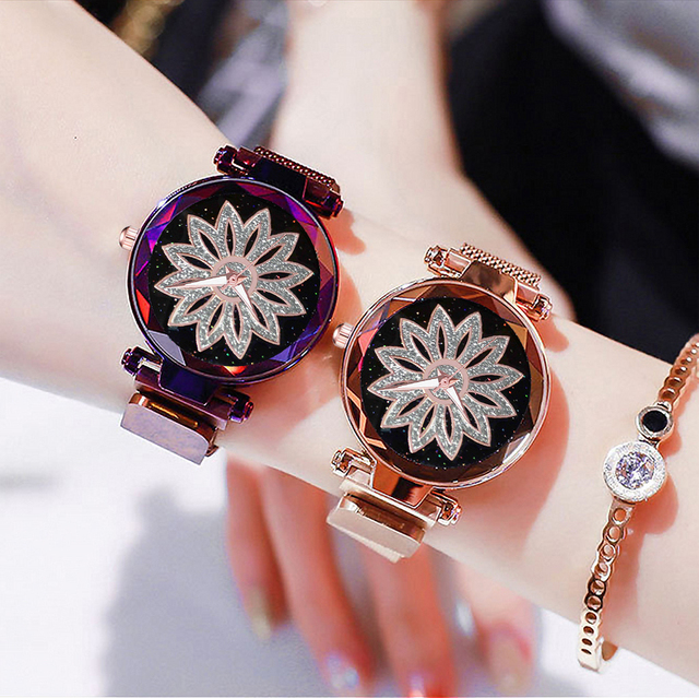 Zegarek damski magnetyczny Starry Sky - romantyczna osobowość, kryształowy kwiat z siatkowym stalowym paskiem - Wianko - 4