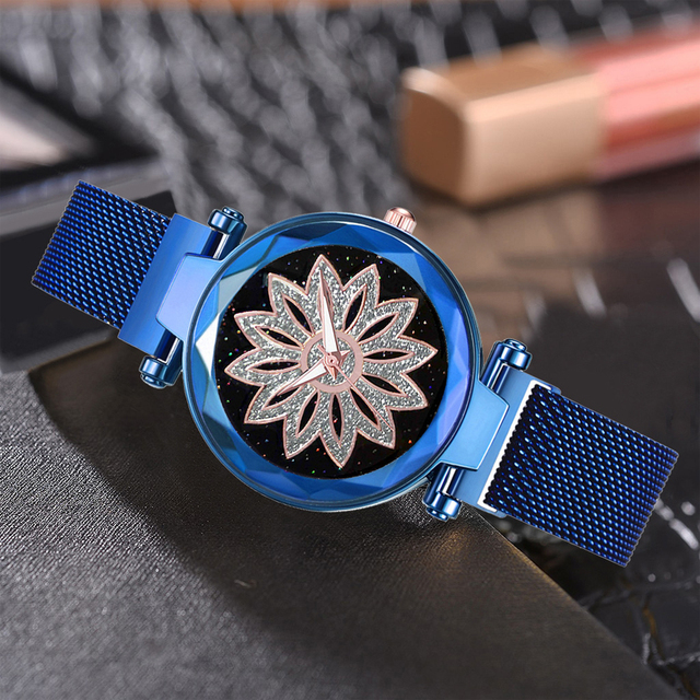 Zegarek damski magnetyczny Starry Sky - romantyczna osobowość, kryształowy kwiat z siatkowym stalowym paskiem - Wianko - 10
