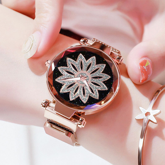 Zegarek damski magnetyczny Starry Sky - romantyczna osobowość, kryształowy kwiat z siatkowym stalowym paskiem - Wianko - 5