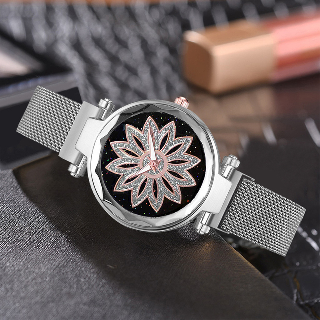Zegarek damski magnetyczny Starry Sky - romantyczna osobowość, kryształowy kwiat z siatkowym stalowym paskiem - Wianko - 15