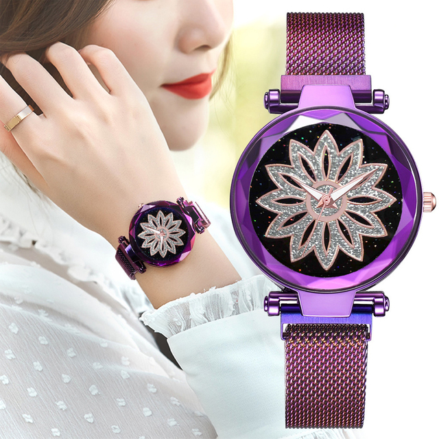 Zegarek damski magnetyczny Starry Sky - romantyczna osobowość, kryształowy kwiat z siatkowym stalowym paskiem - Wianko - 1