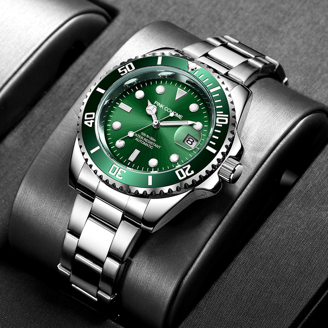 Zielony automatyczny zegarek nurkowy męski Top marka ze stali nierdzewnej + Box - Wianko - 1
