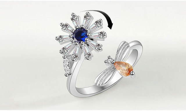 Pierścień dekompresyjny z cyrkonem i kryształem w kształcie kwiatu z regulowanym obrotem i złym okiem - Wianko - 3