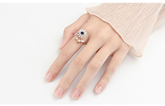 Pierścień dekompresyjny z cyrkonem i kryształem w kształcie kwiatu z regulowanym obrotem i złym okiem - Wianko - 4