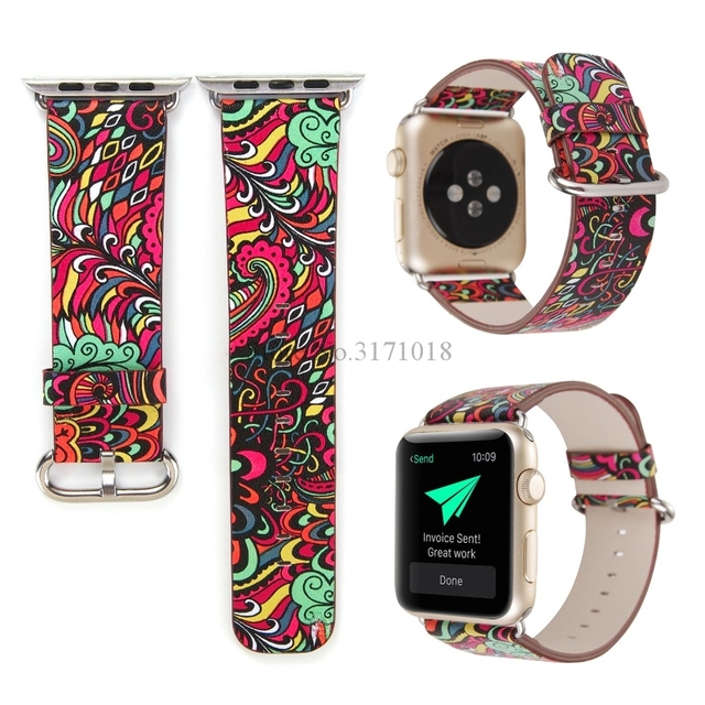 Kolorowy skórzany pasek na zegarek Apple Watch seria 5/4/3 - 44mm/40mm/38mm/42mm, kwiatowy motyw ludowy, bransoleta - Wianko - 20