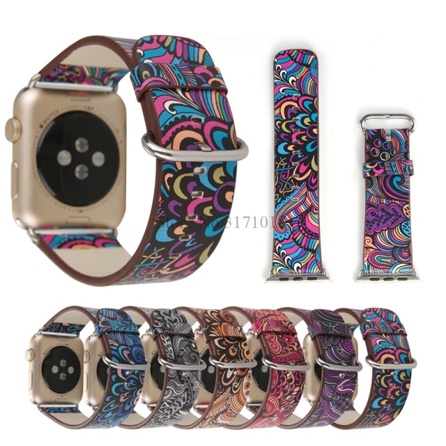 Kolorowy skórzany pasek na zegarek Apple Watch seria 5/4/3 - 44mm/40mm/38mm/42mm, kwiatowy motyw ludowy, bransoleta - Wianko - 17