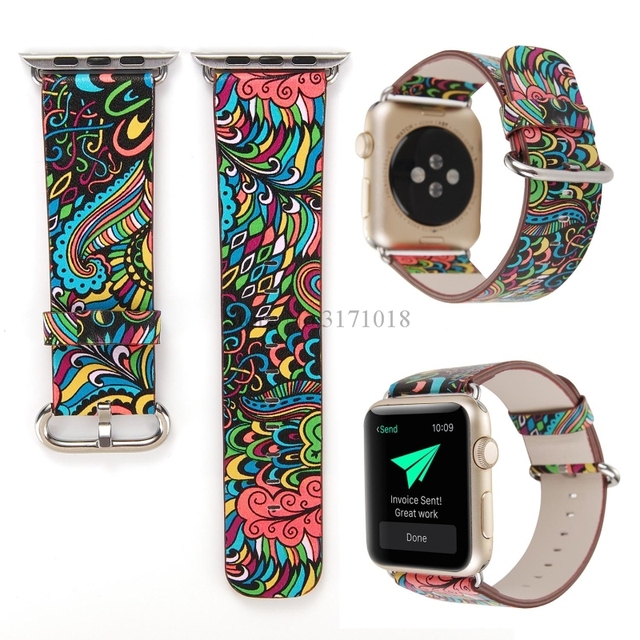 Kolorowy skórzany pasek na zegarek Apple Watch seria 5/4/3 - 44mm/40mm/38mm/42mm, kwiatowy motyw ludowy, bransoleta - Wianko - 18