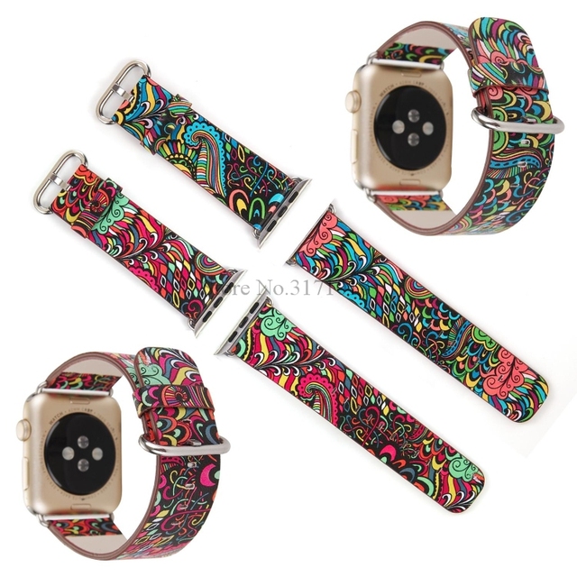 Kolorowy skórzany pasek na zegarek Apple Watch seria 5/4/3 - 44mm/40mm/38mm/42mm, kwiatowy motyw ludowy, bransoleta - Wianko - 19